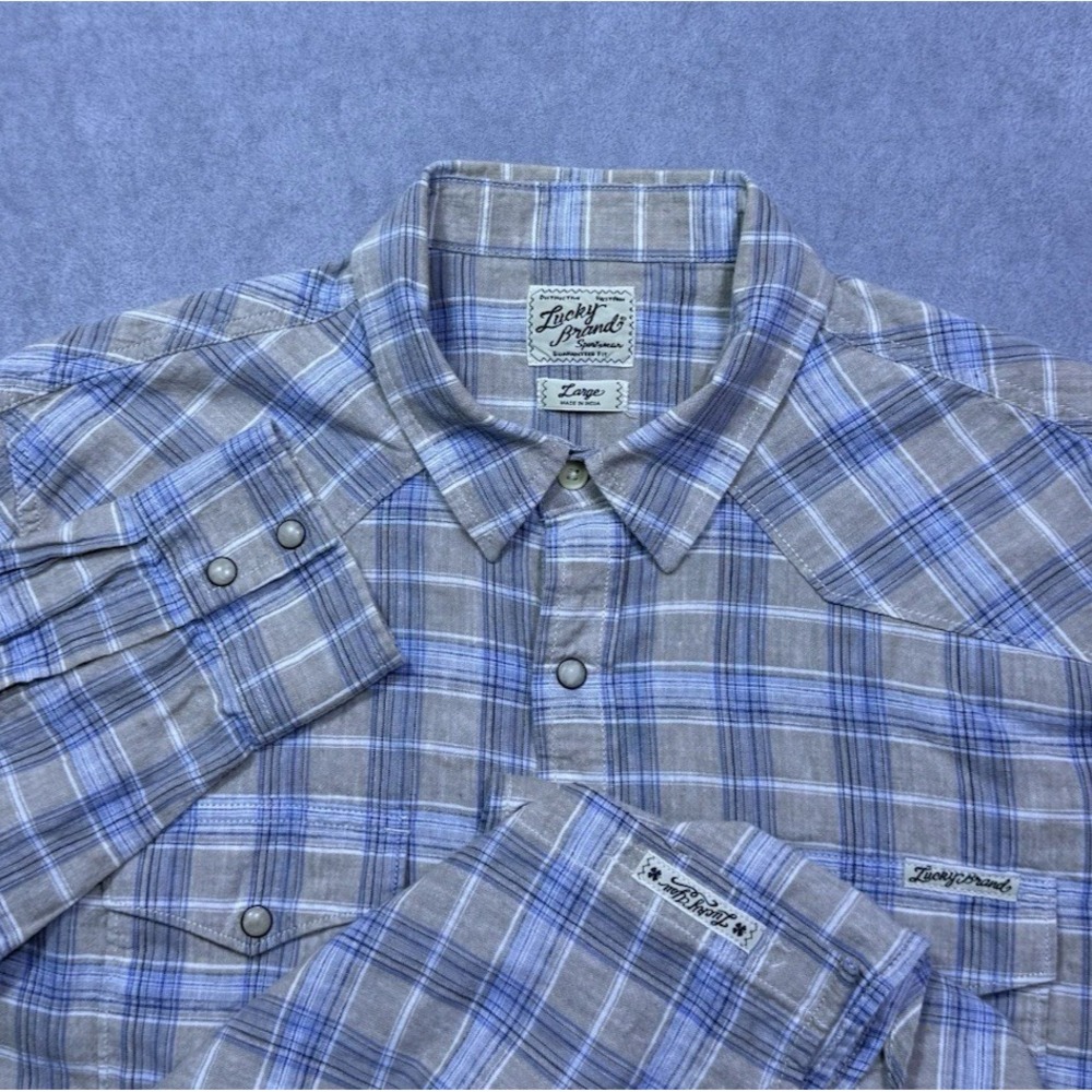 Lucky Brand Sportswear Shirt Mens L Pearl Snap Linen Gray Blue Plaid Cowboy USA